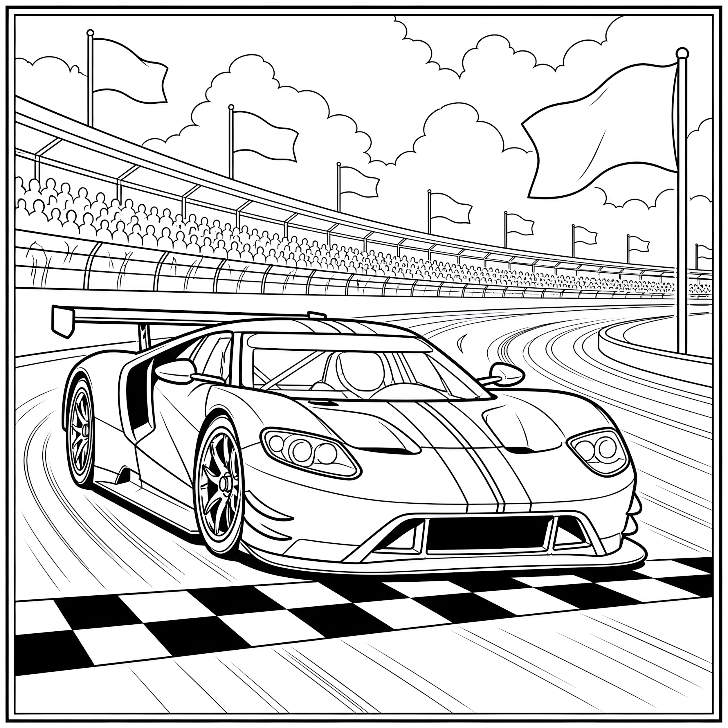 Race car crossing the finish line at an oval track coloring page