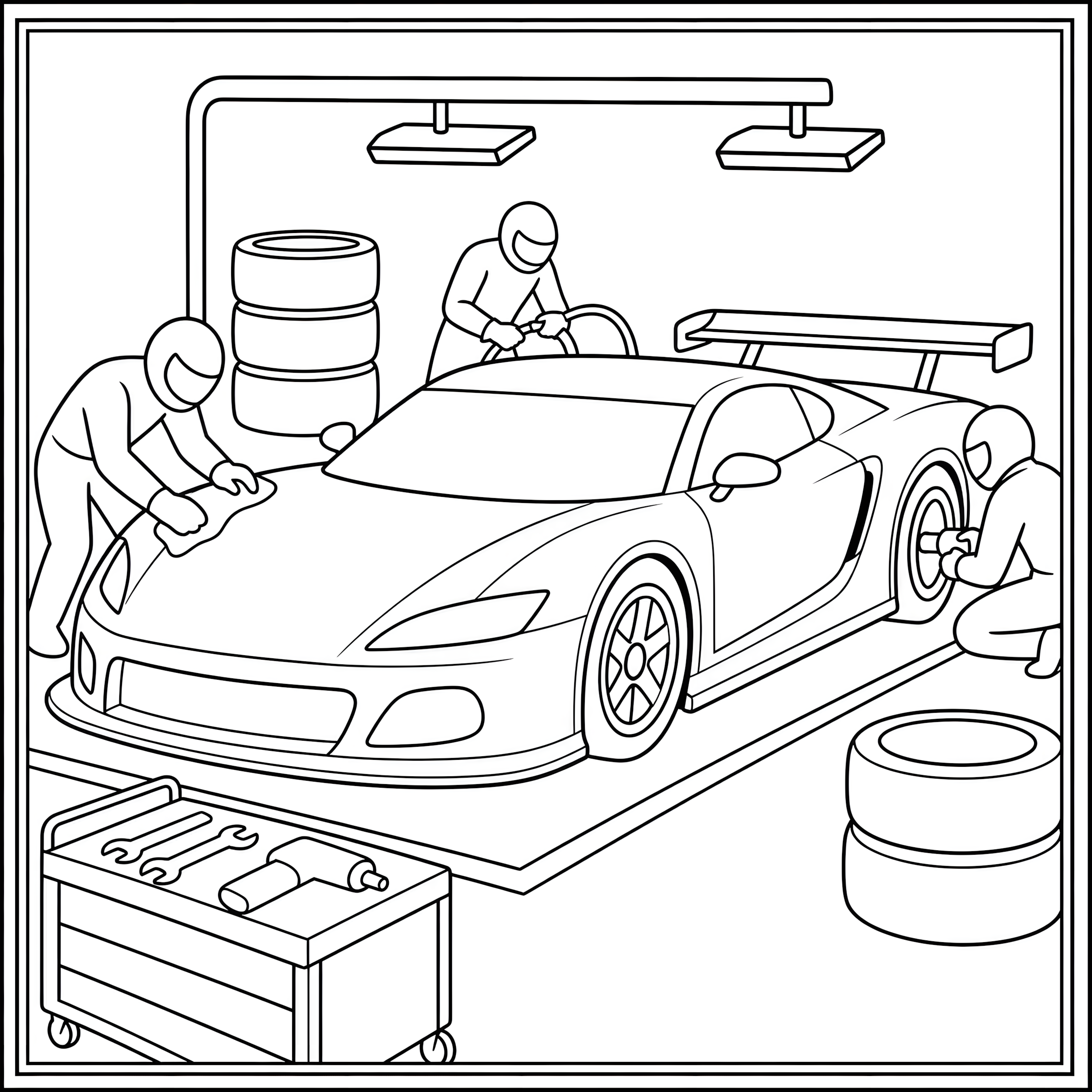 Race car and pit crew during a pit stop coloring page