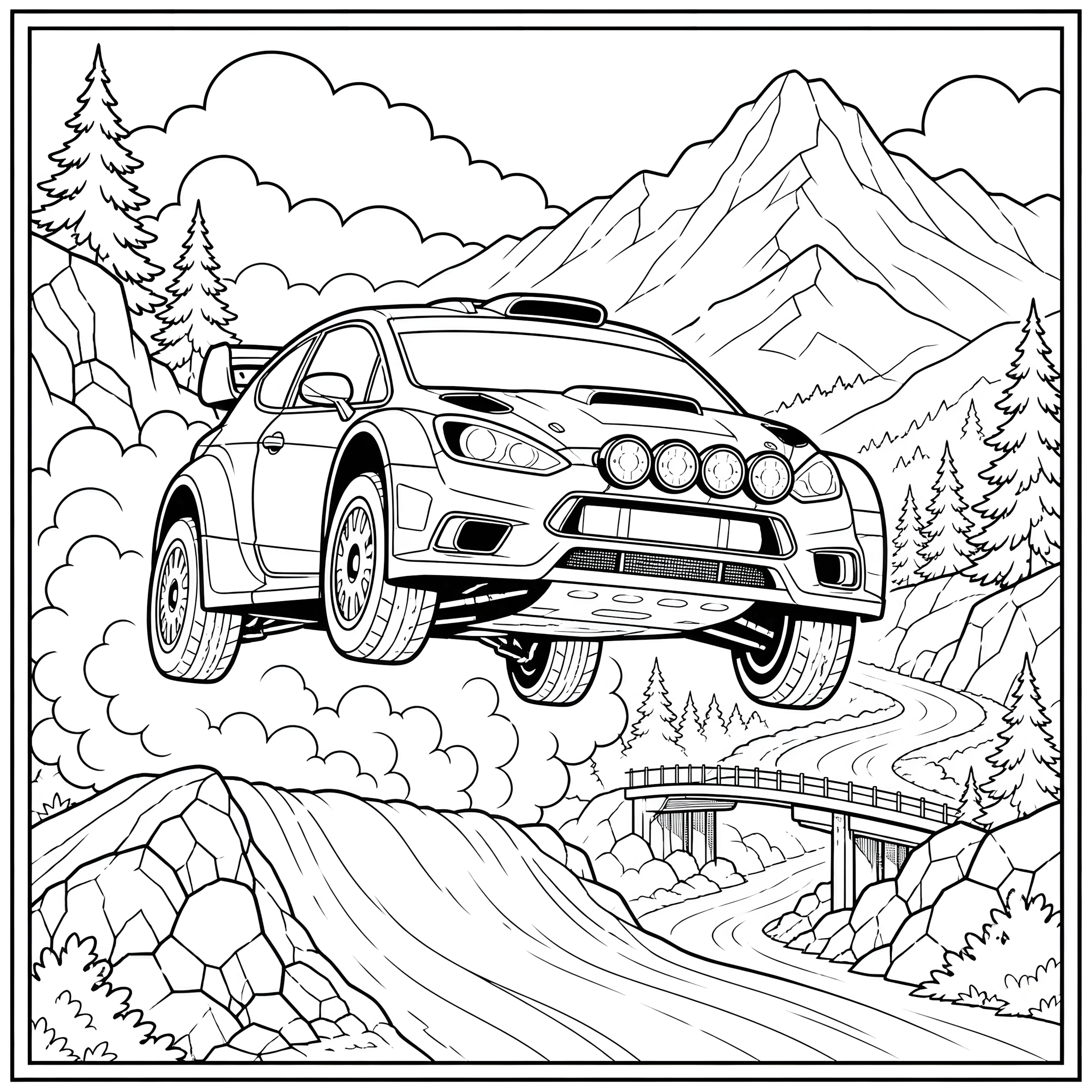Rally race car jumping over a mountain dirt stage coloring page