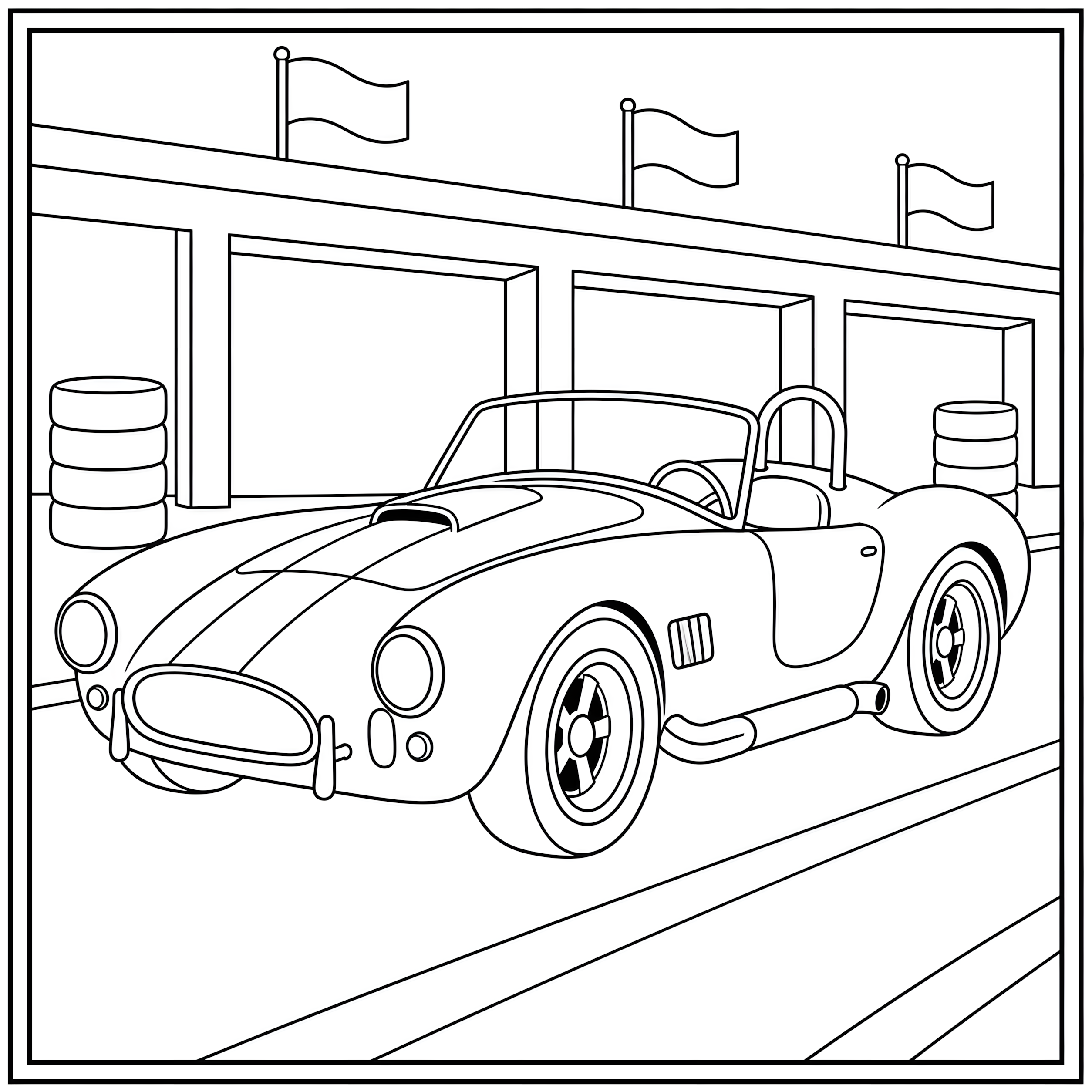 Classic vintage race roadster in a pit lane coloring page