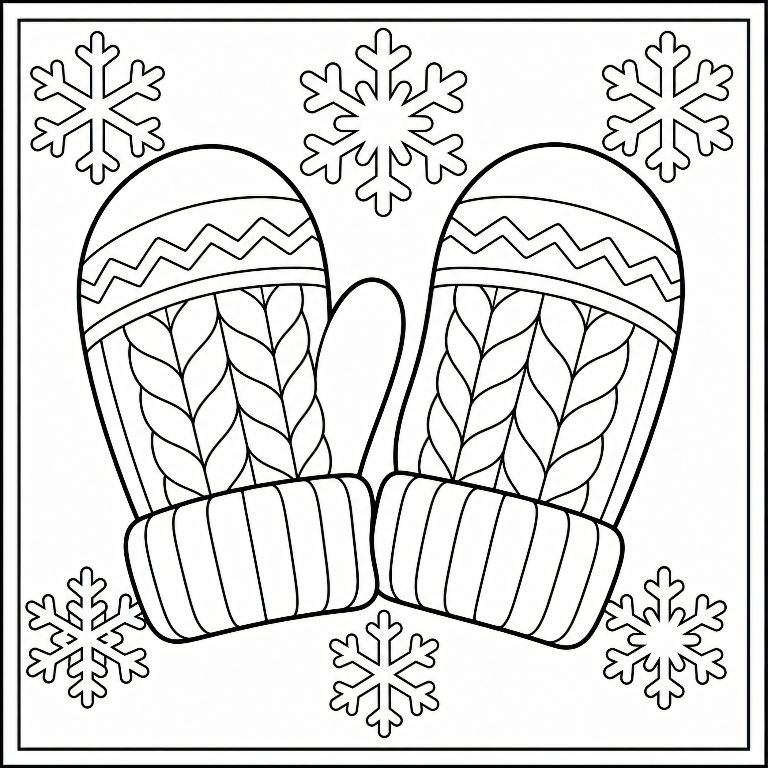Knitted mittens with snowflakes coloring page